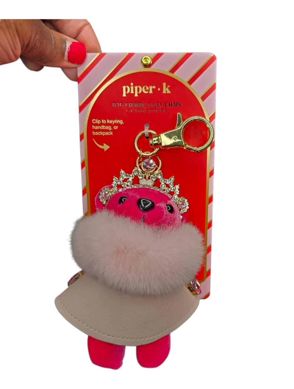 Piper K Pink Plush Bear Keychain with Faux Fur Trim and Gold Crown Charm